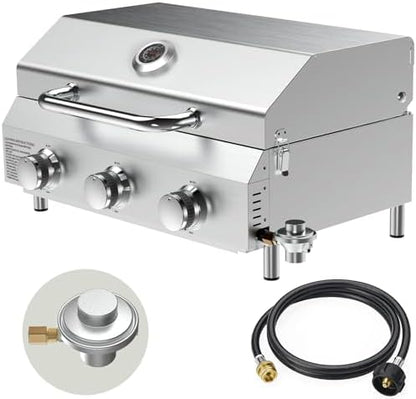 Bestfire 3-Burner Tabletop Gas Grill, Dual Connections, 30,000 BTU Portable Propane Grill, Knobs&Stainless Steel Grates, Compact & Detachable Legs for Camping, RV, BBQ