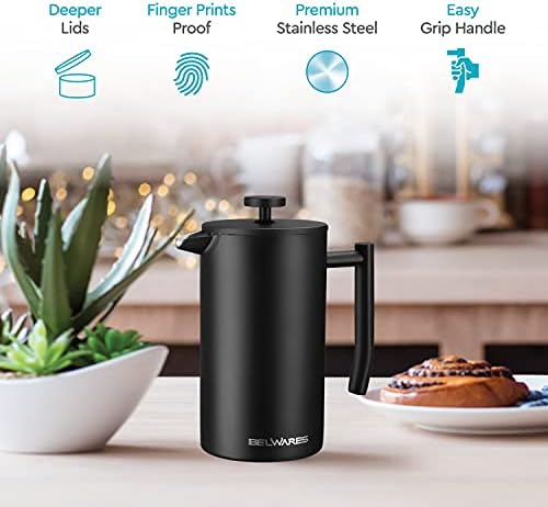 French Press Coffee Maker, 34oz Insulated Stainless Steel, Matte Black