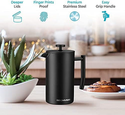 French Press Coffee Maker, 34oz Insulated Stainless Steel, Matte Black