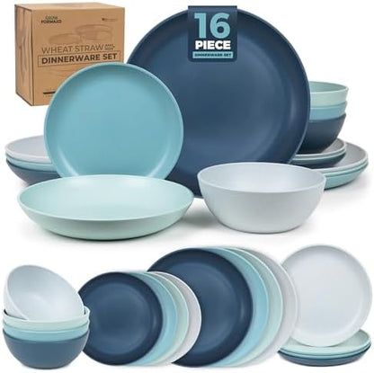 Grow Forward 16-piece Premium Wheat Straw Dinnerware Sets for 4 - Unbreakable Dishwasher & Microwave Safe Plastic Plates and Bowls Sets - Patio, Outdoors, RV, Camping Dishes - Seascape