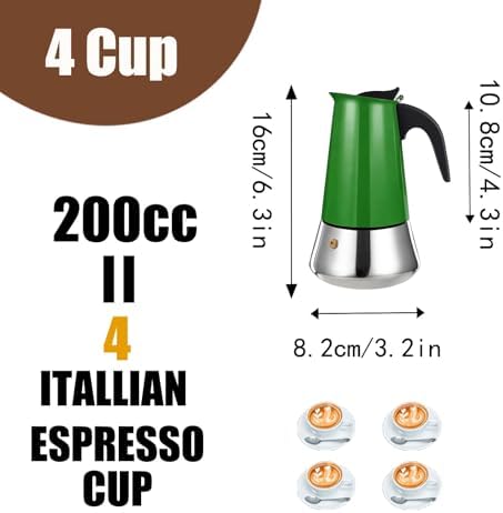 4 Cup Stovetop Espresso Maker Stainless Steel Moka Pot Stove Top Percolator Italian Coffee Makers Capable Mocha Greca Machine Cafe Classic Induction Cookers for Home and Camping 200ml 6.6oz