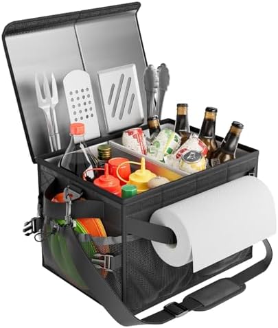 FANGSUN Grill Caddy with Lid, Foldable BBQ Caddy with Paper Towel Holder