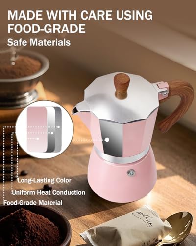 Coffee Maker Stovetop Espresso Maker 6 Cup Aluminum Moka Pot Percolator 10oz 300ml Easy Brewing for Electric Ceramic Stoves Home Camping Italian Cuban Café Classic Pink