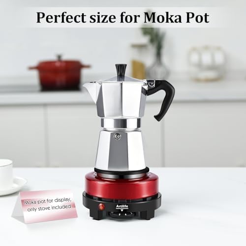 Artilife 500W Mini Electric Hot Plate - Moka Pot Special, 110V Compact RV Camping Stove, 4" Cast Iron Burner for Coffee, Low Wattage Portable (Red)