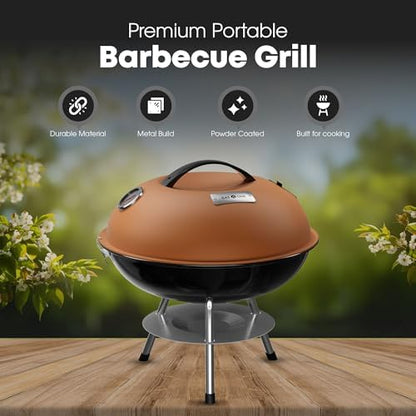 GasOne 14-inch Portable Charcoal Barbecue Grill with Thermometer Lux Brown