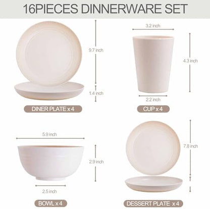 Rubtlamp Wheat Straw Dinnerware Sets, 16PCS Plastic Dinnerware Set for 4, Wheat Straw Plates and Bowls Sets, Unbreakable Dinnerware Plastic Microwave Safe Dishes Set for Kitchen&Camping