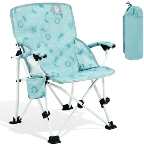 EVER ADVANCED Kids Camping Chairs with Cup Holder, Padded Folding Camping Chair Outdoor with Safety Lock, Carry Bag, Lightweight Portable Camp Chairs for Beach, Balcony, Patio, Supports 150lbs, Green