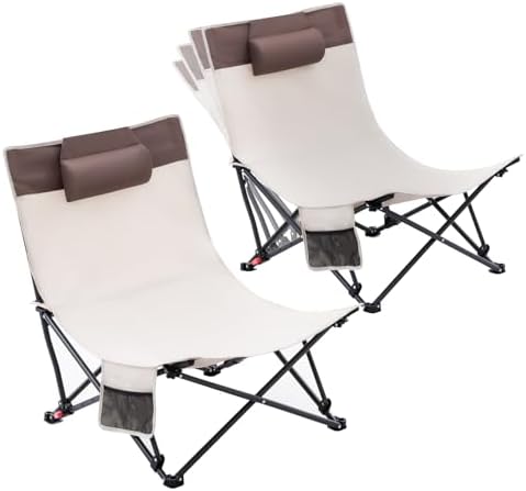 2 Pack Beach Chairs Oversized High Back Beach Reclining Chair with Adjustable Backrest Low Folding Camping Chairs for Beach, Lawn, Outdoor