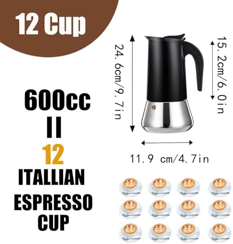 12 Cup Stovetop Espresso Maker Stainless Steel Moka Pot Stove Top Percolator Italian Coffee Makers Capable Mocha Greca Machine Cafe Classic Induction Cookers for Home and Camping 600ml 20oz