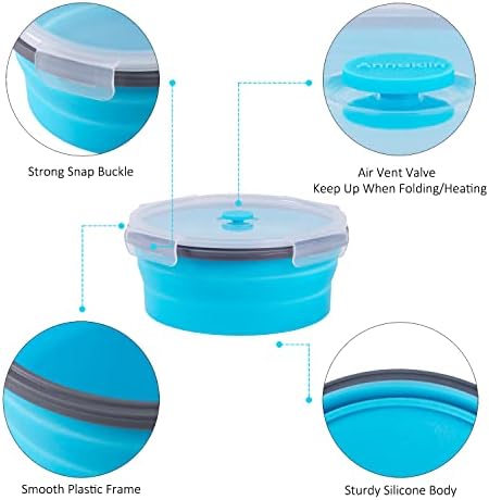 Collapsible Food Storage Containers with Airtight Lid & Vent, 40.5 oz, Kitchen Stacking Silicone Collapsible Meal Container Set for Leftover, Microwave Freezer Dishwasher Safe, Blue Round, Set of 4