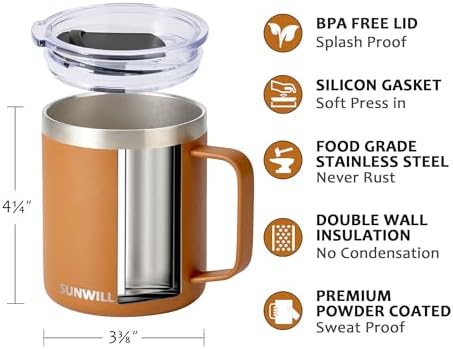 SUNWILL Insulated Coffee Mug, Stainless Steel 14 oz, Splash-Proof Lid