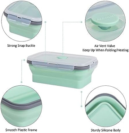 Collapsible Food Storage Containers with Lids & Vent, 27 oz, Kitchen Stacking Silicone Collapsible Meal Prep Container Set for Leftover, Microwave Freezer Dishwasher Safe, Mint Green, 4 Pack
