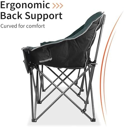 Fully Padded Folding Double Camping Chairs,Comfy Oversized Loveseat Lawn Chair w/Wine Glass Holder,Cup Holder,Heavy Duty Outdoor Portable Camp Couch Support 600 Lbs,Dark Green