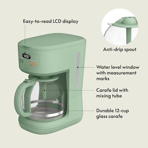 bella 12-Cup Programmable Coffee Maker with No-Drip Glass Carafe, Seaglass