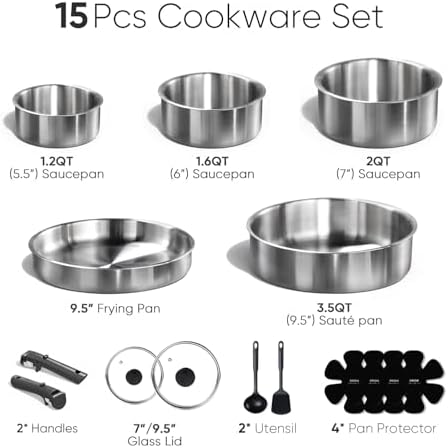 CAROTE 15pcs Tri-Ply Stainless Steel Cookware Set with Detachable Handle