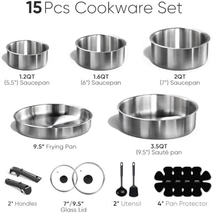 CAROTE 15pcs Tri-Ply Stainless Steel Cookware Set with Detachable Handle