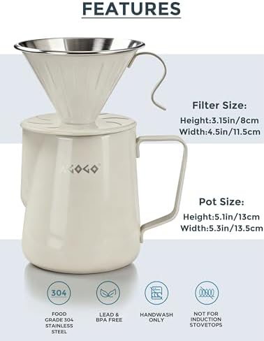 AGOGO Stainless Pour Over Coffee Maker Set, 50 Paper Filters, 30oz, Cream