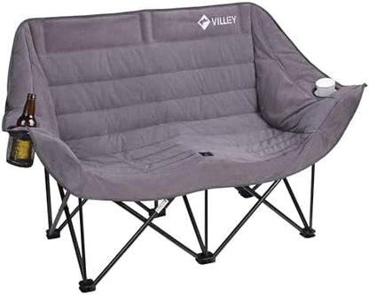 VILLEY Oversized Double Camping Chair, Heavy-Duty Folding Loveseat, Grey