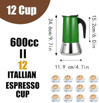 12 Cup Stovetop Espresso Maker Stainless Steel Moka Pot Stove Top Percolator Italian Coffee Makers Capable Mocha Greca Machine Cafe Classic Induction Cookers for Home and Camping 600ml 20oz