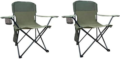 2PCS Folding Camping Collapsible Chairs Heavy Duty Lawn Chair with Cooler Bag, Storage Pocket, Waterproof Bag Outdoor Arm Chair, Supports 225LBS, Green