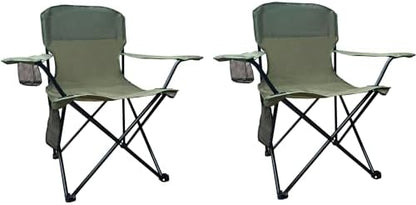2PCS Folding Camping Collapsible Chairs Heavy Duty Lawn Chair with Cooler Bag, Storage Pocket, Waterproof Bag Outdoor Arm Chair, Supports 225LBS, Green