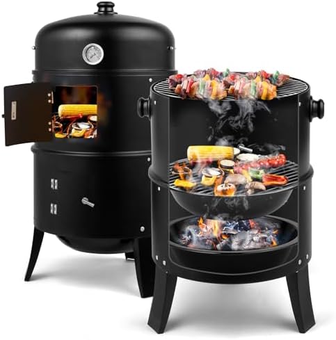 31.5" Portable Adjustable Barrel Charcoal Grill,Metal Outdoor Barbecue Smoker,Heavy Duty Outdoor BBQ Grill,Vertical Camping Barbecue Grill,with Thermometer,for Garden Patio Beach Backyard (Black)