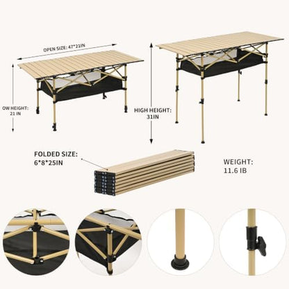 Portable Folding Camping Table, Adjustable Height, Beige, 47 x 21 in