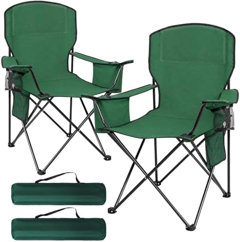 2-Pack Heavy Duty Camping Chairs, 400 LBS Capacity Folding Outdoor Chair with Cooler Bag & Cup Holder, Oversized Portable Lawn Chair for Camping, Fishing, Tailgating, Beach (Green)