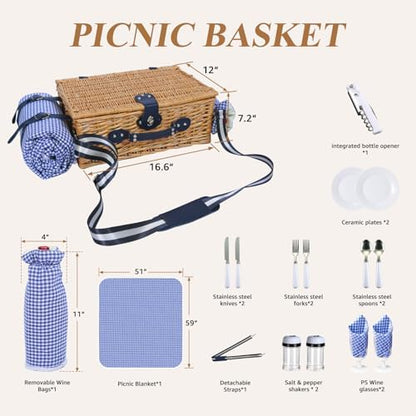 Picnic Basket for 2 with Blanket and Wine Pouch for Couples