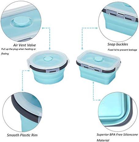 KUON Collapsible Silicone Food Storage Containers with Airtight Lids, Set of 4 Stacking Container, Microwave and Freezer and Dishwasher Safe, with Vent Valve, BPA Free (350ml and 500ml)