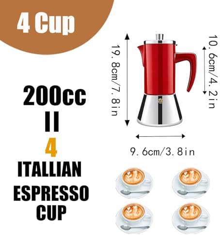 4 Cup Thickened 304 Stainless Steel Moka Pot Stovetop Espresso Maker Cafeteras Italian Percolator Espress Makers Capable Greca Mocha Coffee Machine for Induction Home and Camping 200ml 6.6oz