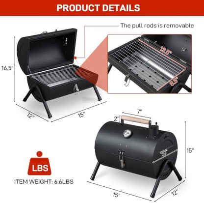 Portable Tabletop Charcoal BBQ Grill with Built-in Thermometer, 13.5in