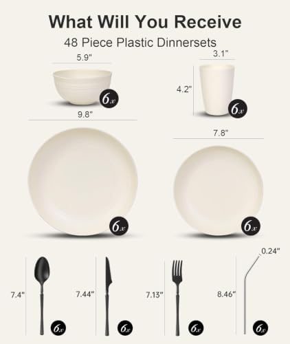 Quatish 48 Piece Plastic Plates and Bowls Sets for 6, Dinnerware Sets Beige
