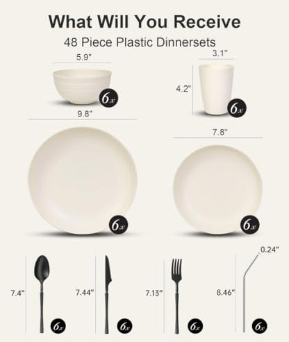 Quatish 48 Piece Plastic Plates and Bowls Sets for 6, Dinnerware Sets Beige
