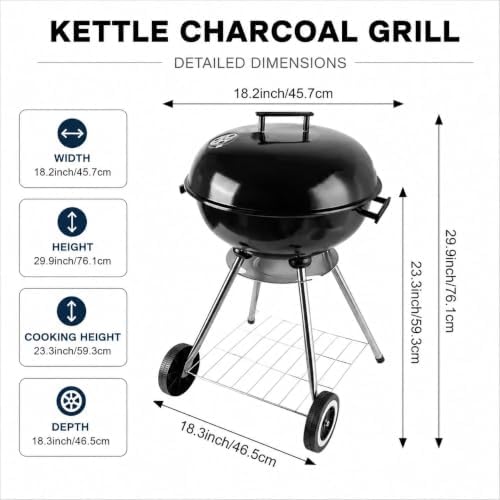 Portable charcoal grill -18 inch water kettle grill with handle, including lid and grill mesh, suitable for backyard, camping, picnicking, and gatherings (large)