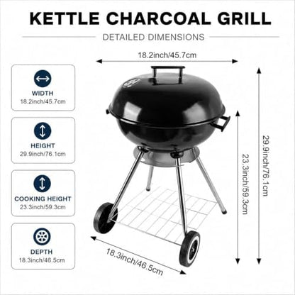 Portable charcoal grill -18 inch water kettle grill with handle, including lid and grill mesh, suitable for backyard, camping, picnicking, and gatherings (large)
