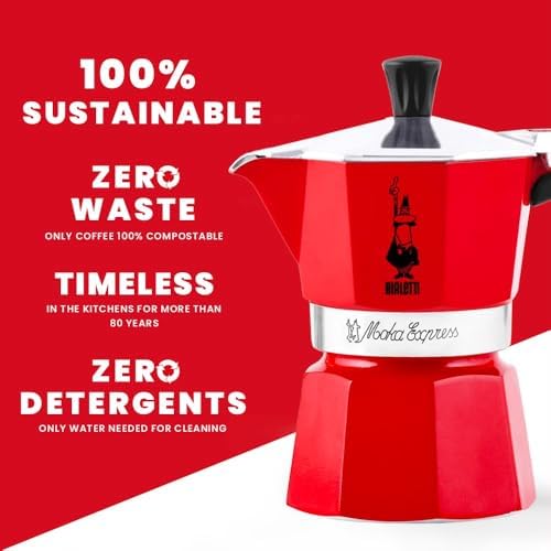 Bialetti - Moka Express: Iconic Stovetop Espresso Maker, Makes Real Italian Coffee, Moka Pot 6 Cups (6 Oz), Aluminium, Red