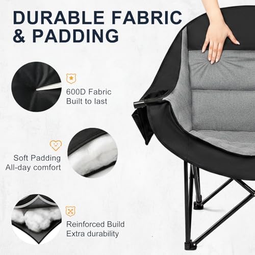 Oversized Camping Chairs for Adult - Heavy Duty Padded Portable Folding Chair XL Collapsible Camp Chair with Cup Holder Side Pocket for Outdoor Lawn Beach Sport Fishing Support 500LBS, Grey