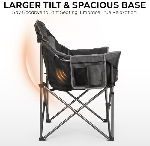 Romswi Oversized XXL Padded Camping Chairs for Adults, 1Pcs 500lbs Heavy Duty Support, 500G Ultra-Thick Cushion Sofa-Like Comfort, Folding Lawn Chair with Cooler Bag & Side Pockets, Black