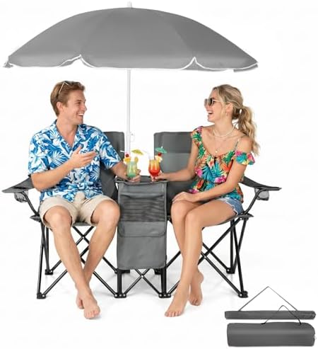 Outvita Folding Double Camping Chair w/Umbrella, Cooler for Beach Patio L