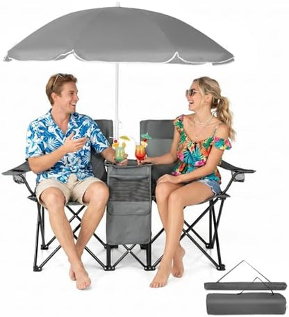 Outvita Folding Double Camping Chair w/Umbrella, Cooler for Beach Patio L