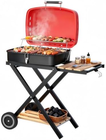 TEENO Charcoal Grill with Wheels | Folding BBQ Grill with Wooden Side Table & Bottom Storage Shelf | 2-in-1 Detachable Tabletop Smoker for Camping Picnic Patio Backyard | Portable Suitcase