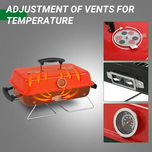 20.8" Portable Enameled Charcoal Grill,Tabletop Outdoor Barbecue Smoker,Heavy Duty Outdoor BBQ Grill,Vertical Camping Barbecue Grill,with Thermometer,for Garden Patio Beach Backyard (Black & Red)