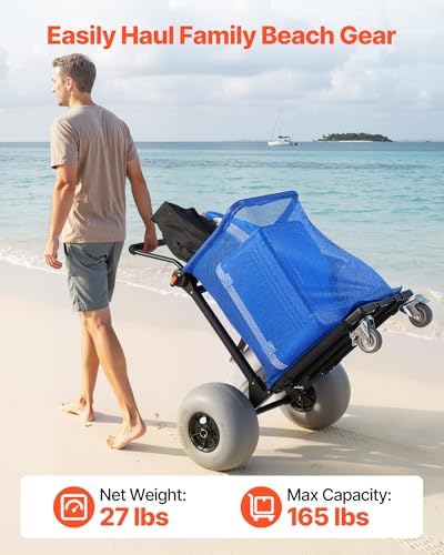 VEVOR Beach Cart with Large Wheels for Sand, 165 lbs Load Capacity, Heavy Duty Folding Beach Wagon with 12" Balloon Wheels, Storage Bag, 180° Adjustable Handlebar, Dolly for Camping Fishing Garden