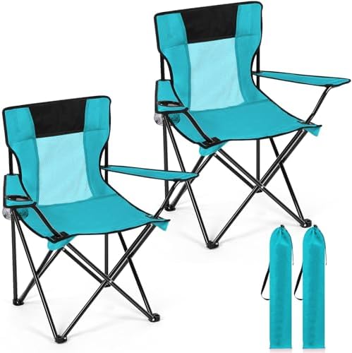 Shellwei 2 PCS Folding Camping Chair with Cupholder and Carry Bag Regular Size Colorful Breathable Portable Lightweight Lawn Chair with Side Pocket for Fishing Hiking Beach Outdoor Activity