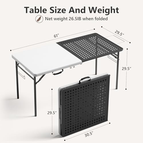 2 Pack 5ft Folding Table for Picnic Camping, Portable Outdoor Table with Metal Grid Grilling Surface, Heavy Duty Foldable Table for Cook Prep,Suitable for Camping, Backyard, Patio and Beach.