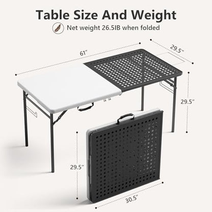 2 Pack 5ft Folding Table for Picnic Camping, Portable Outdoor Table with Metal Grid Grilling Surface, Heavy Duty Foldable Table for Cook Prep,Suitable for Camping, Backyard, Patio and Beach.