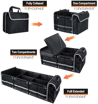 AOPHY Car Trunk Organizer with Insulated Cooler Bag, Foldable & Waterproof Storage Organizer with Lid for SUV, Truck, Sedan - 4 Large Adjustable Compartments, Heavy Duty & Collapsible Design