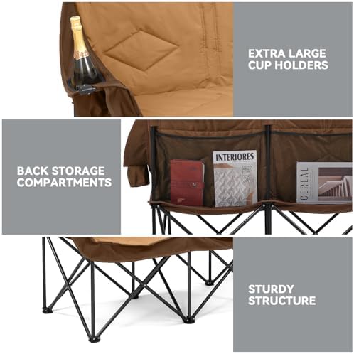 Oversized Double Camping Chairs for Adults, 2 Person Camping Chair, Brown
