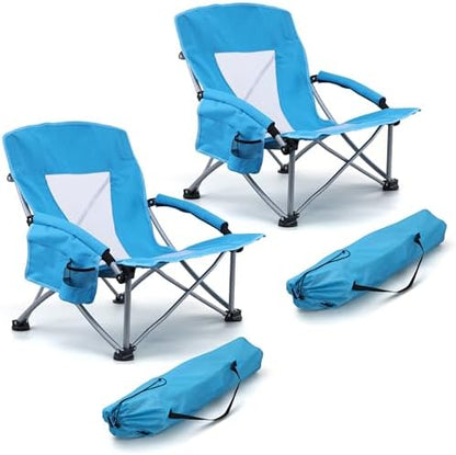 HaSteeL Low Beach Chairs for Adults, Lightweight Camping Folding Chair with Carrying Bag, Portable for Outdoors Lawn Backyard Patio RV Trip Fishing Sport Tailgating, Support 300LBS, Blue, 2 Pack
